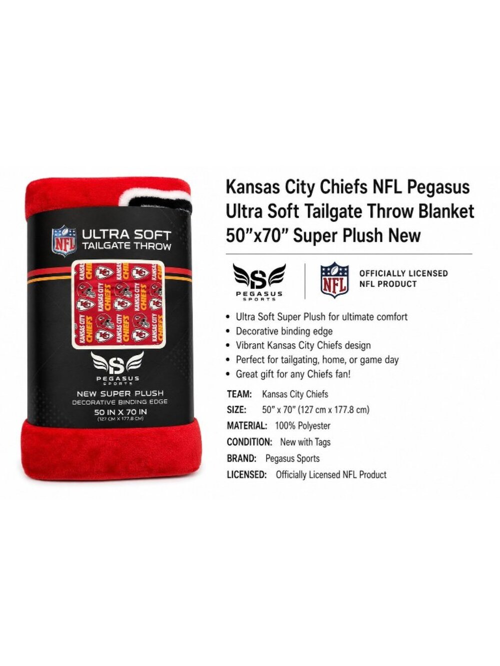 Pegasus Kansas City Chiefs Ultra Soft Tailgate Throw Blanket 50x70 Super Plush